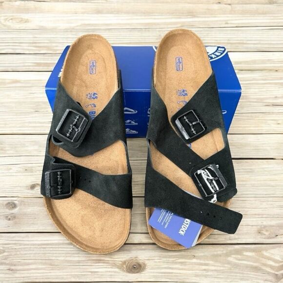 New Birkenstock Arizona Black Suede Soft Footbed Buckle Sandal Black 38 US 12 - Picture 1 of 16